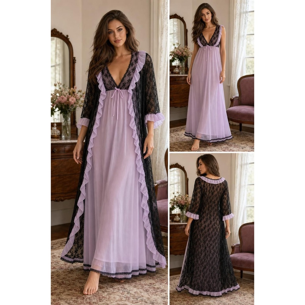 Vintage Deena Nightgown & Lace Robe Set Women's L Pink Black Lingerie Sexy READ